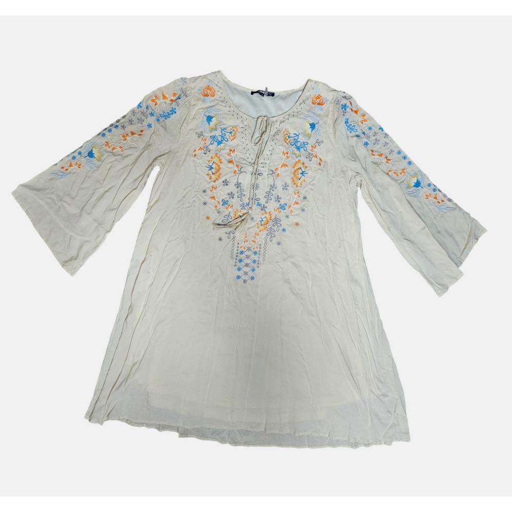 Andre by Unit Floral Embroidered Peasant Tunic‎ Tassel Top Womens S Boho Rayon